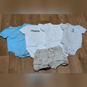 FIVE PIECE BUNDLE: Baby Boy 3m Onesies and Shorts EUC